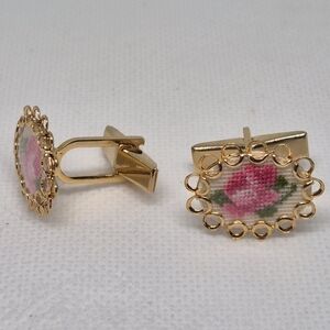 VINTAGE Gold Tone Handcrafted Dainty Petit Point Floral Cufflinks
